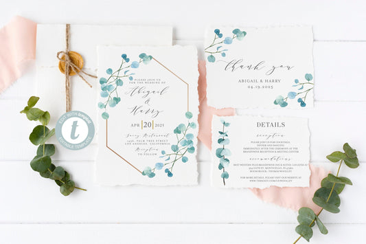 Printable Greenery Geometric Wedding Invitation Set Editable Template, DIY Instant Download Invites, Invitation Suite, 100 % editable - Abi - SAVVY PAPER CO