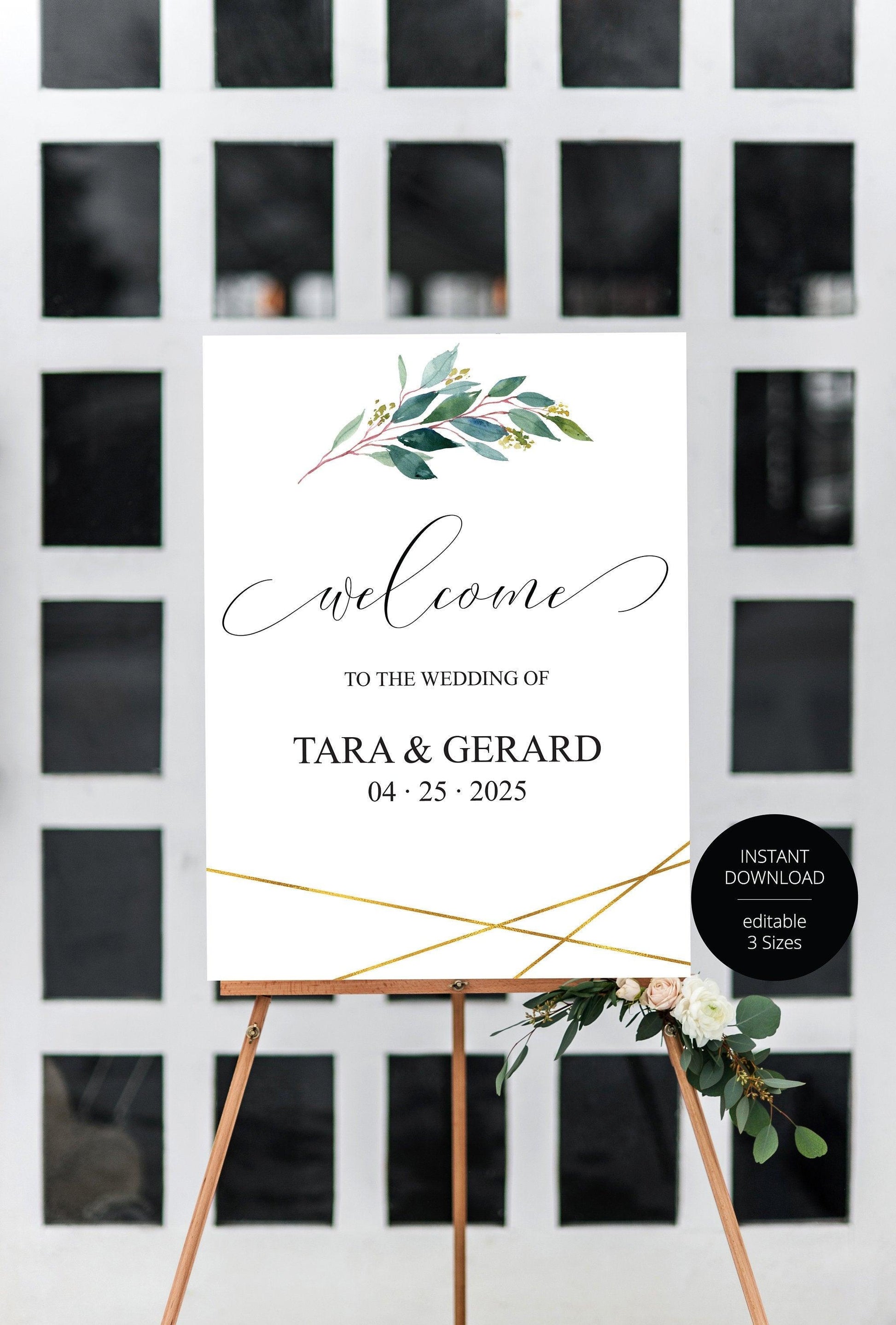 Printable Greenery Gold Wedding Welcome Sign Editable Template Instant Download -TARA - SAVVY PAPER CO