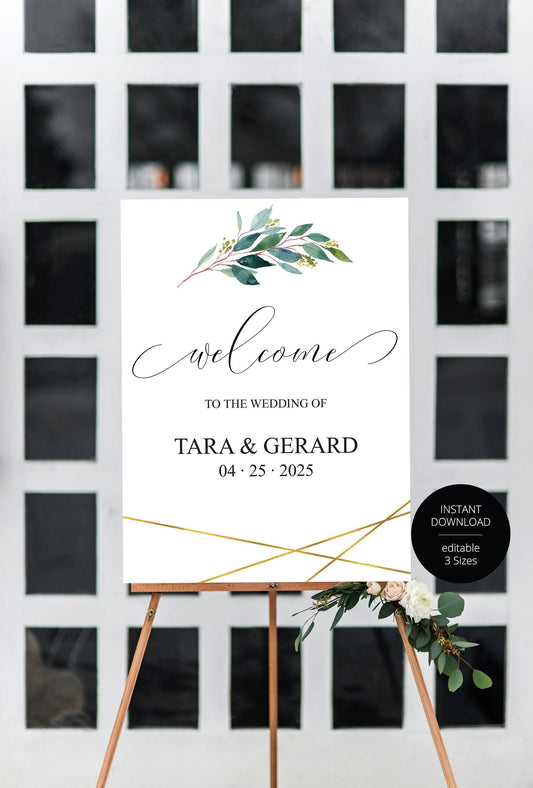 Printable Greenery Gold Wedding Welcome Sign Editable Template Instant Download -TARA - SAVVY PAPER CO