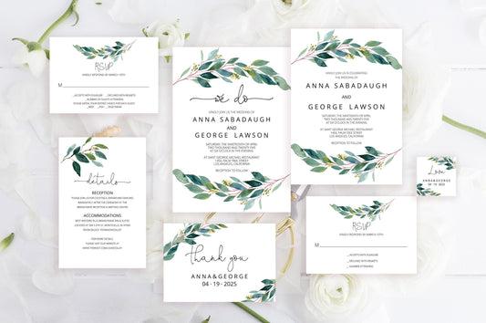 Printable Greenery Rustic Wedding Invitation Set Editable Template, DIY Instant Download Invites, Invitation Suite- Anna - SAVVY PAPER CO