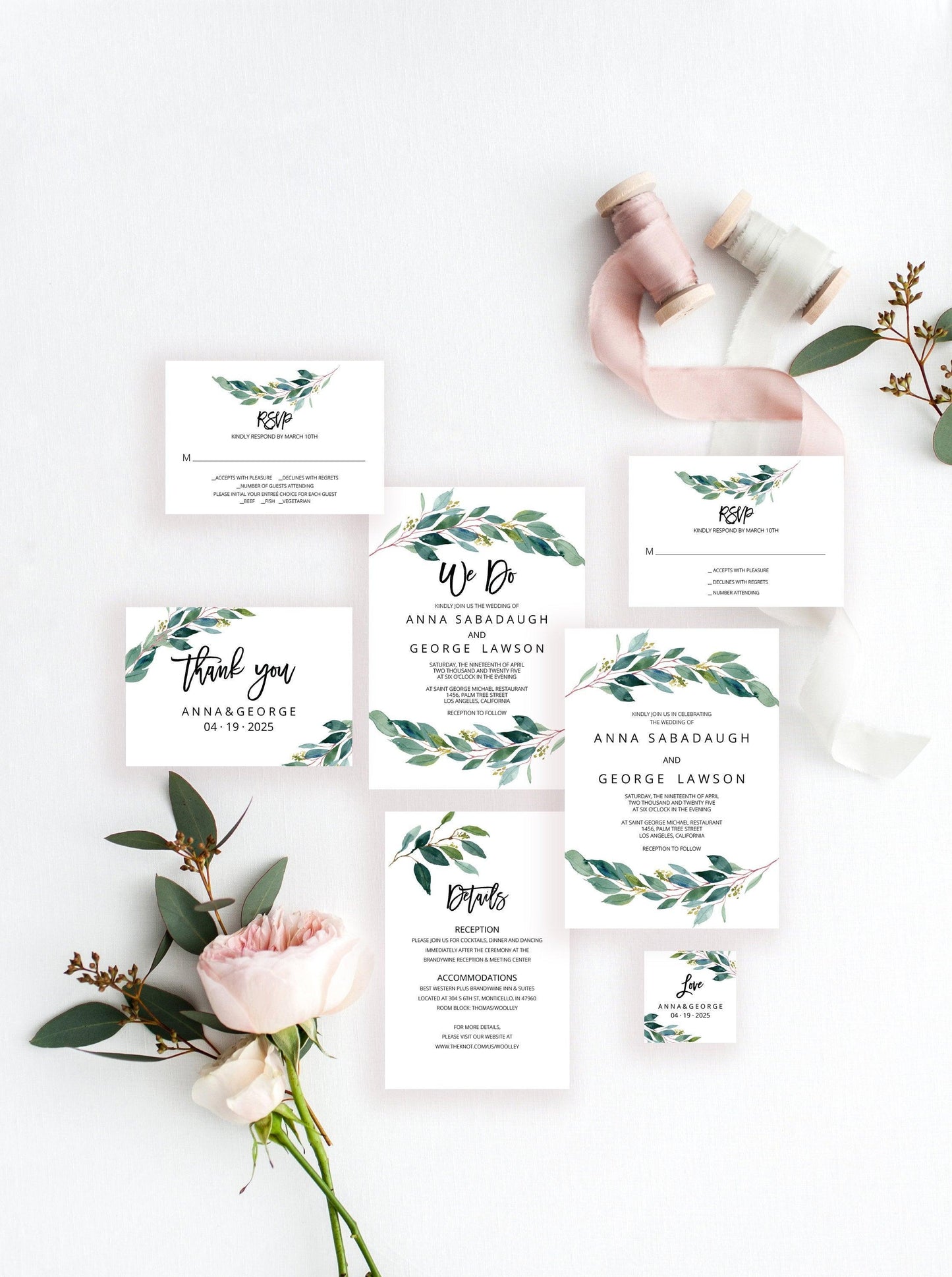 Printable Greenery Rustic Wedding Invitation Set Editable Template, DIY Instant Download Invites, Invitation Suite- Anna - SAVVY PAPER CO
