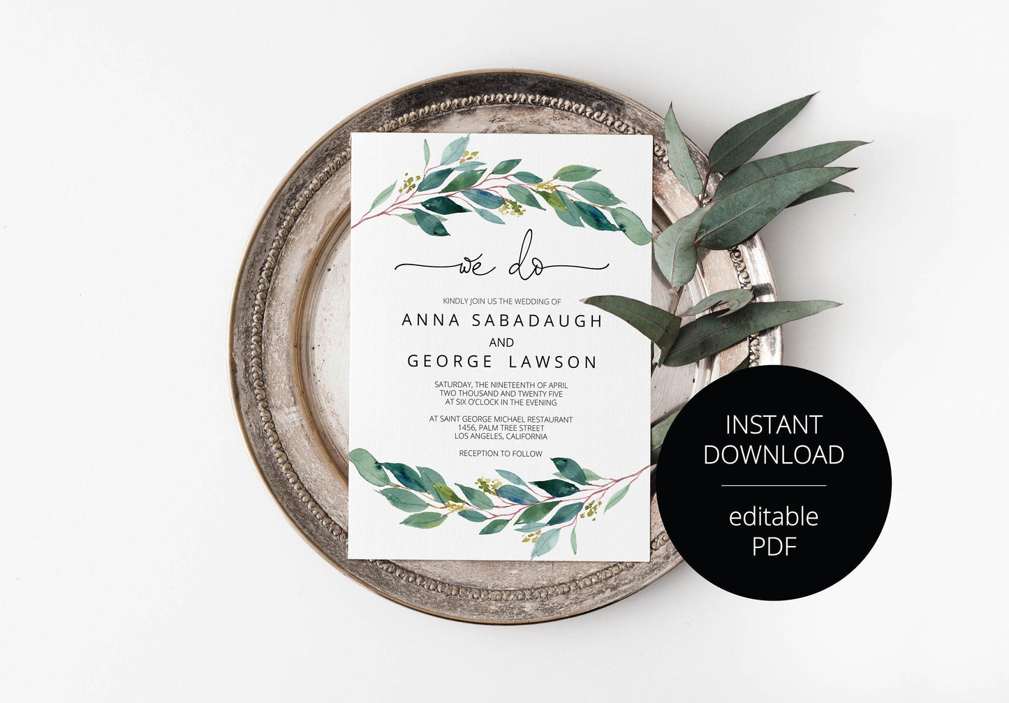 Printable Greenery Rustic Wedding Invitation Set Editable Template, DIY Instant Download Invites, Invitation Suite- Anna - SAVVY PAPER CO