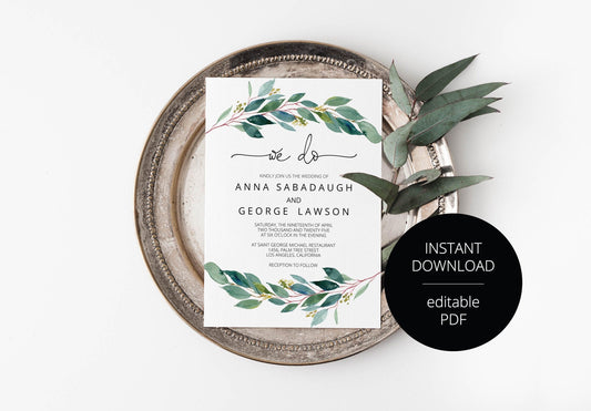 Printable Greenery Rustic Wedding Invitation Set Editable Template, DIY Instant Download Invites, Invitation Suite- Anna - SAVVY PAPER CO