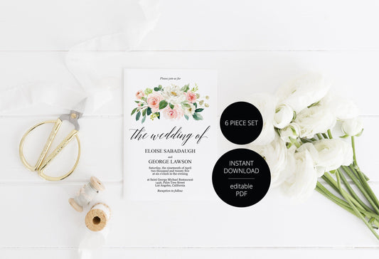 Printable Greenery Rustic Wedding Invitation Set Editable Template, DIY Instant Download Invites, Invitation Suite - Eloise - SAVVY PAPER CO