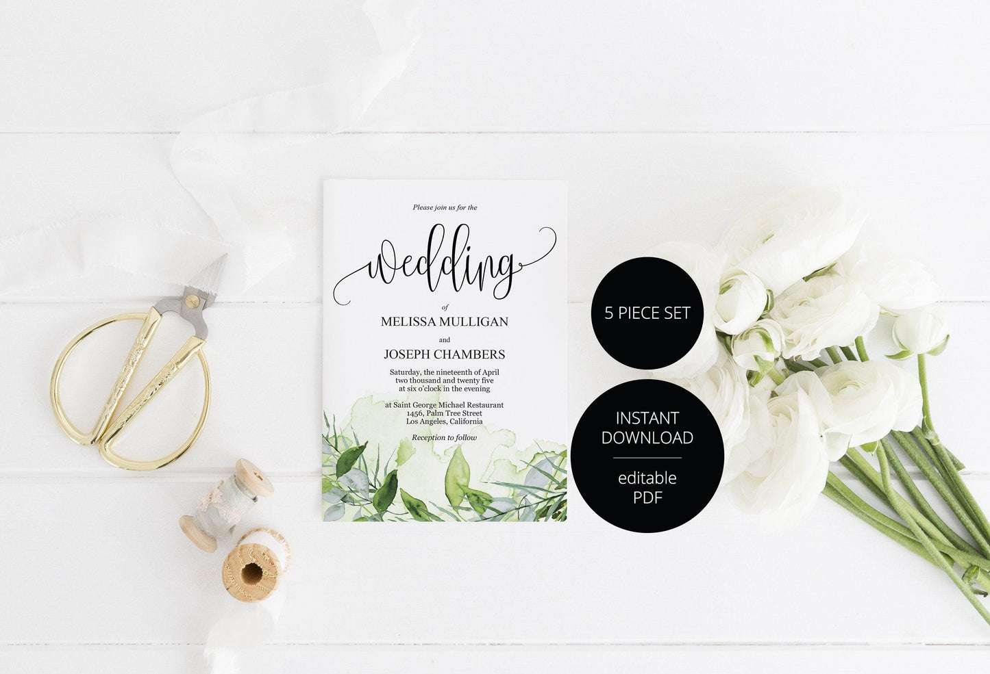 Printable Greenery Rustic Wedding Invitation Set Editable Template, DIY Instant Download Invites, Invitation Suite- Melissa - SAVVY PAPER CO