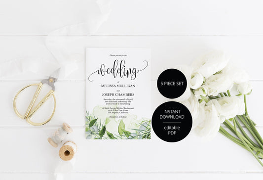 Printable Greenery Rustic Wedding Invitation Set Editable Template, DIY Instant Download Invites, Invitation Suite- Melissa - SAVVY PAPER CO