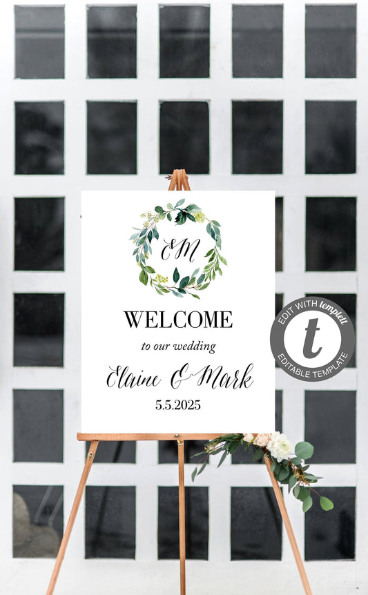Printable Greenery Rustic Wedding Welcome Sign Editable Template Instant Download - TARA - SAVVY PAPER CO