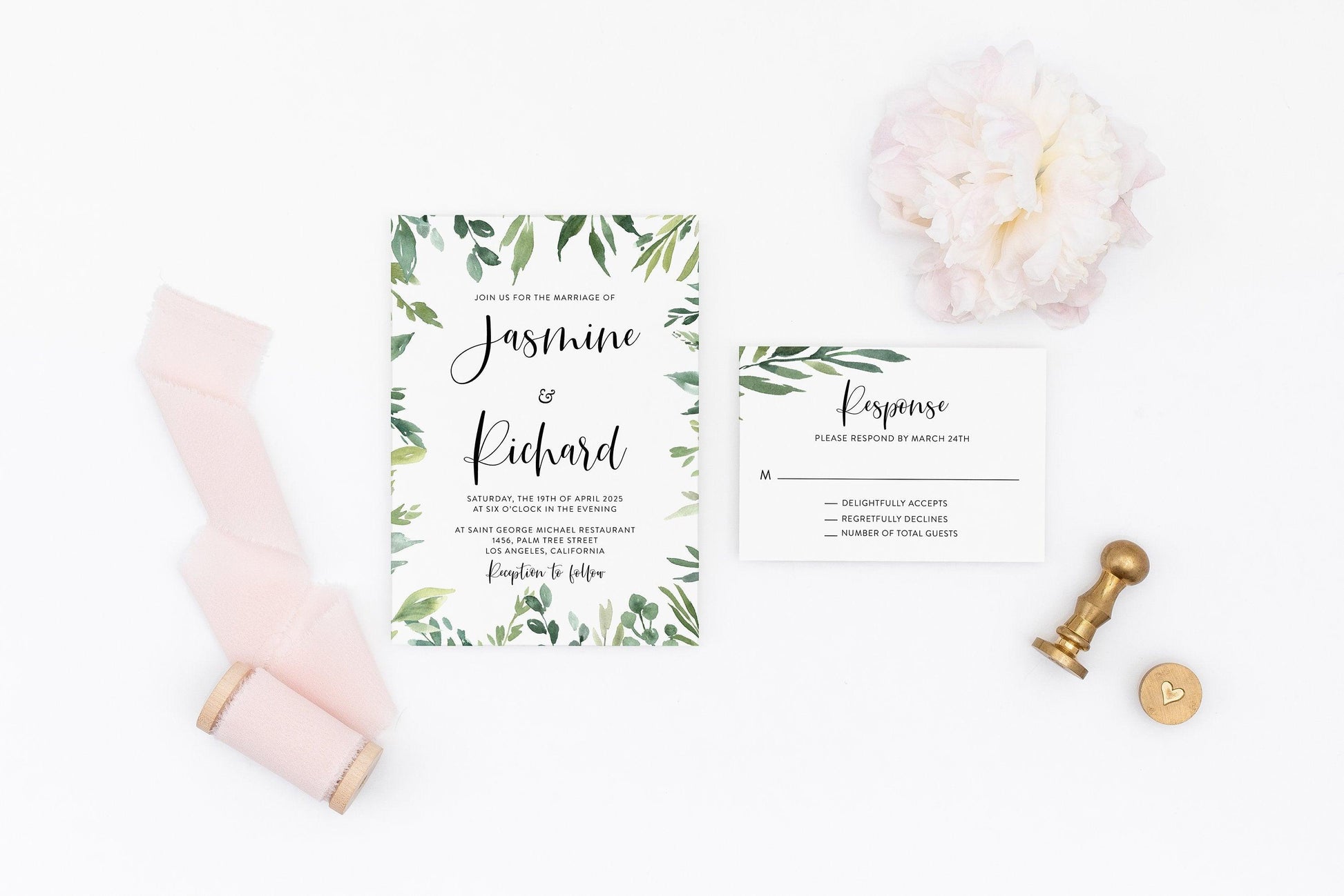 Printable Greenery Wedding Invitation Set Editable Template, DIY Instant Download Invites, Invitation Suite, 100% Editable- Jasmine - SAVVY PAPER CO