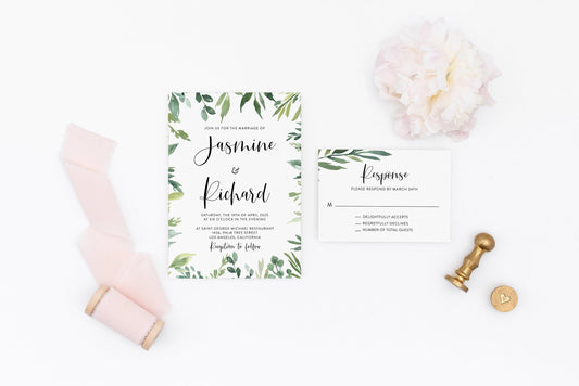 Printable Greenery Wedding Invitation Set Editable Template, DIY Instant Download Invites, Invitation Suite, 100% Editable- Jasmine - SAVVY PAPER CO