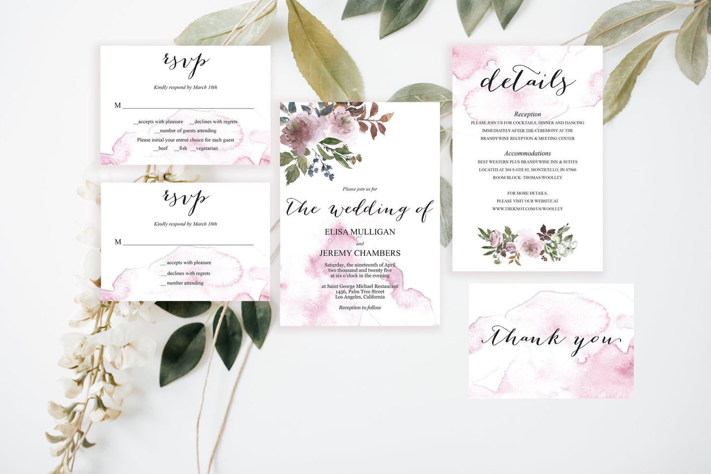 Printable Pink Floral Wedding Invitation Set Editable Template, DIY Instant Download Invites, Invitation Suite- Elisa - SAVVY PAPER CO
