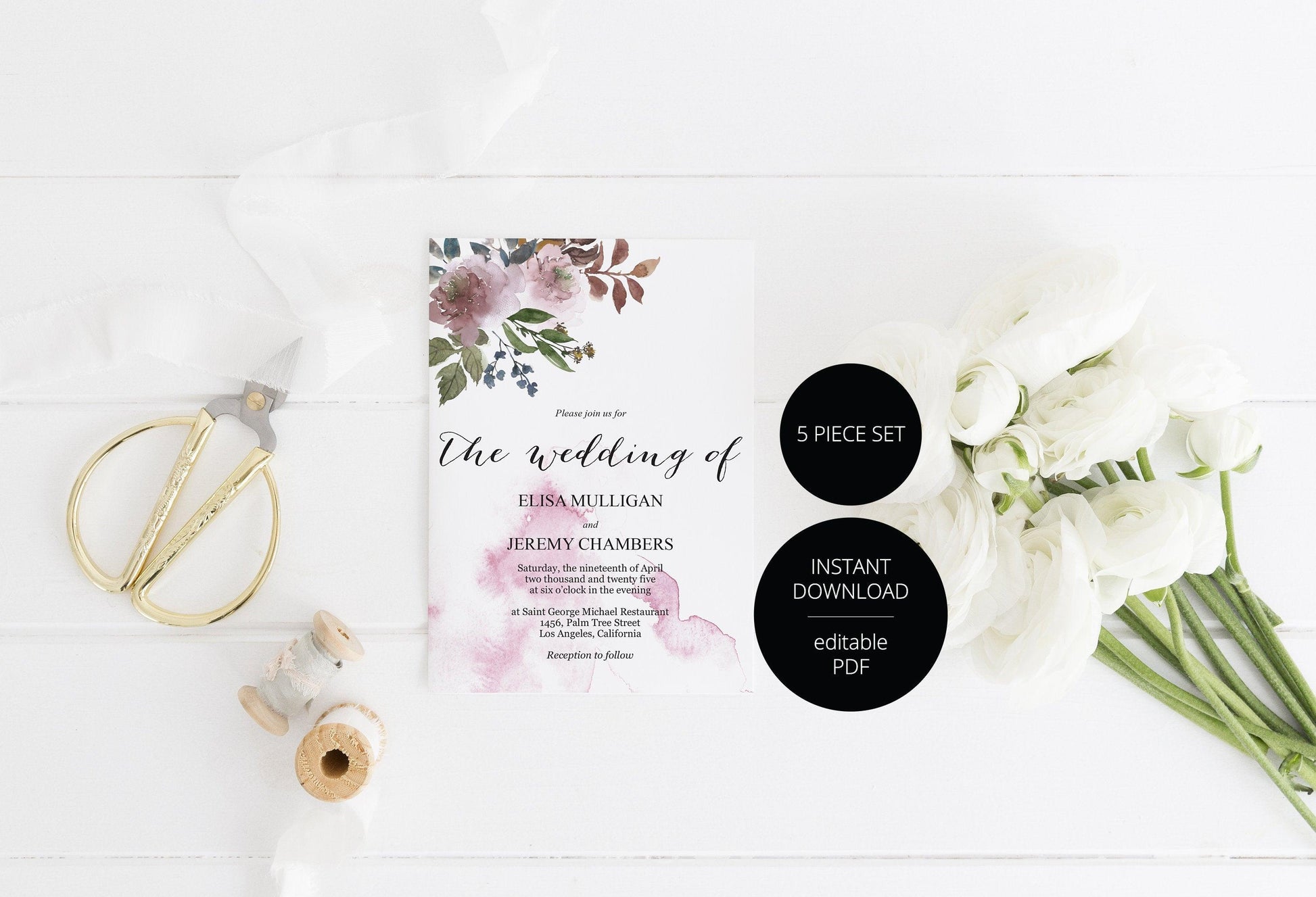 Printable Pink Floral Wedding Invitation Set Editable Template, DIY Instant Download Invites, Invitation Suite- Elisa - SAVVY PAPER CO