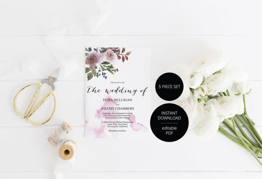 Printable Pink Floral Wedding Invitation Set Editable Template, DIY Instant Download Invites, Invitation Suite- Elisa - SAVVY PAPER CO