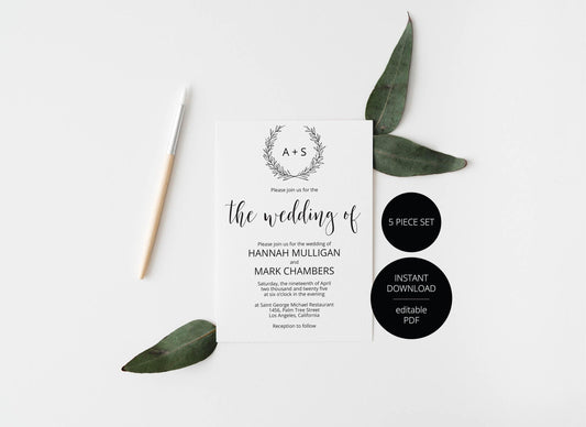 Printable Rustic Wedding Invitation Set Editable Template, DIY Instant Download Invites, Invitation Suite - Hannah - SAVVY PAPER CO