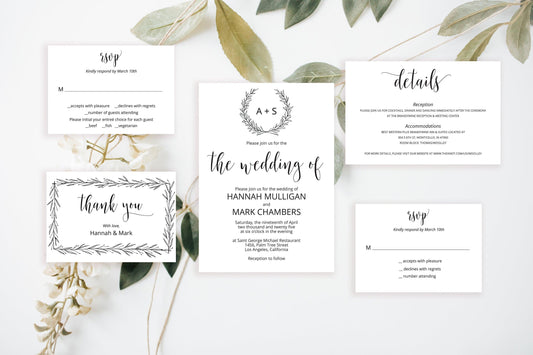 Printable Rustic Wedding Invitation Set Editable Template, DIY Instant Download Invites, Invitation Suite - Hannah - SAVVY PAPER CO