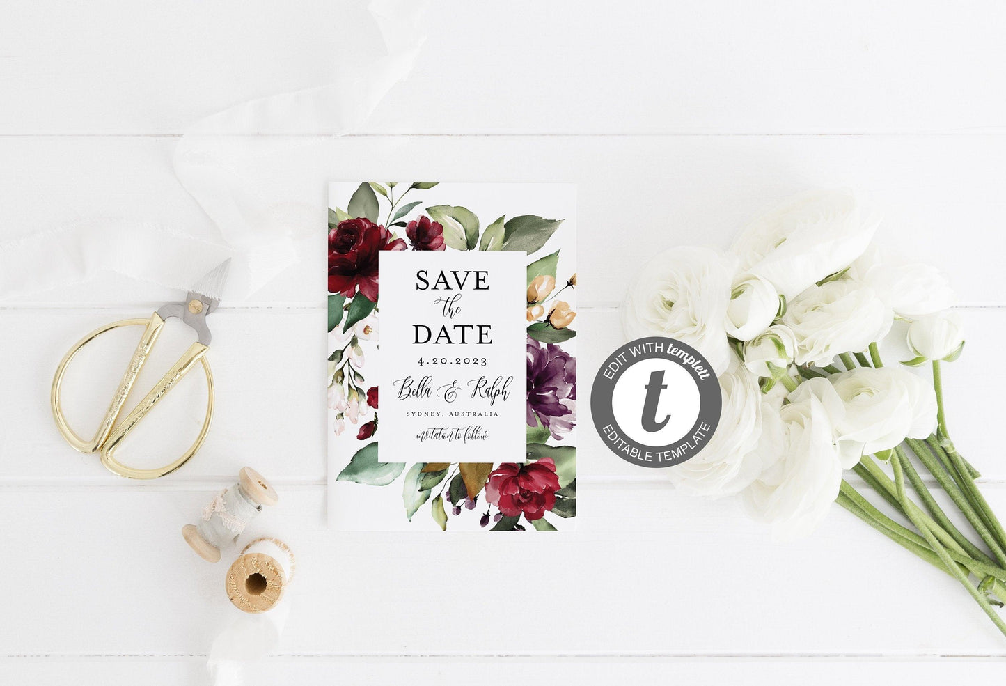Printable Save-the-Date Template, Engagement Invite, 100% editable text, Greenery, Burgundy, Wedding Templett-Bella - SAVVY PAPER CO