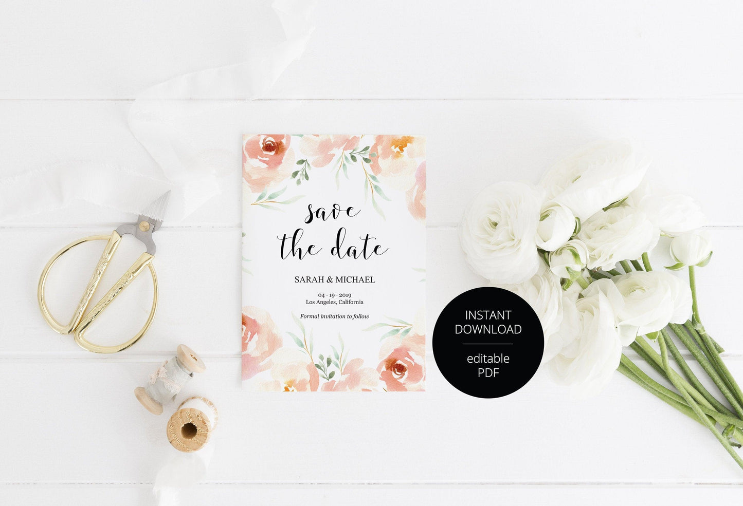 Printable Save-the-Date Template, Engagement Invite, PDF Instant Download, Blush Florals, Wedding Announcement - Sarah - SAVVY PAPER CO