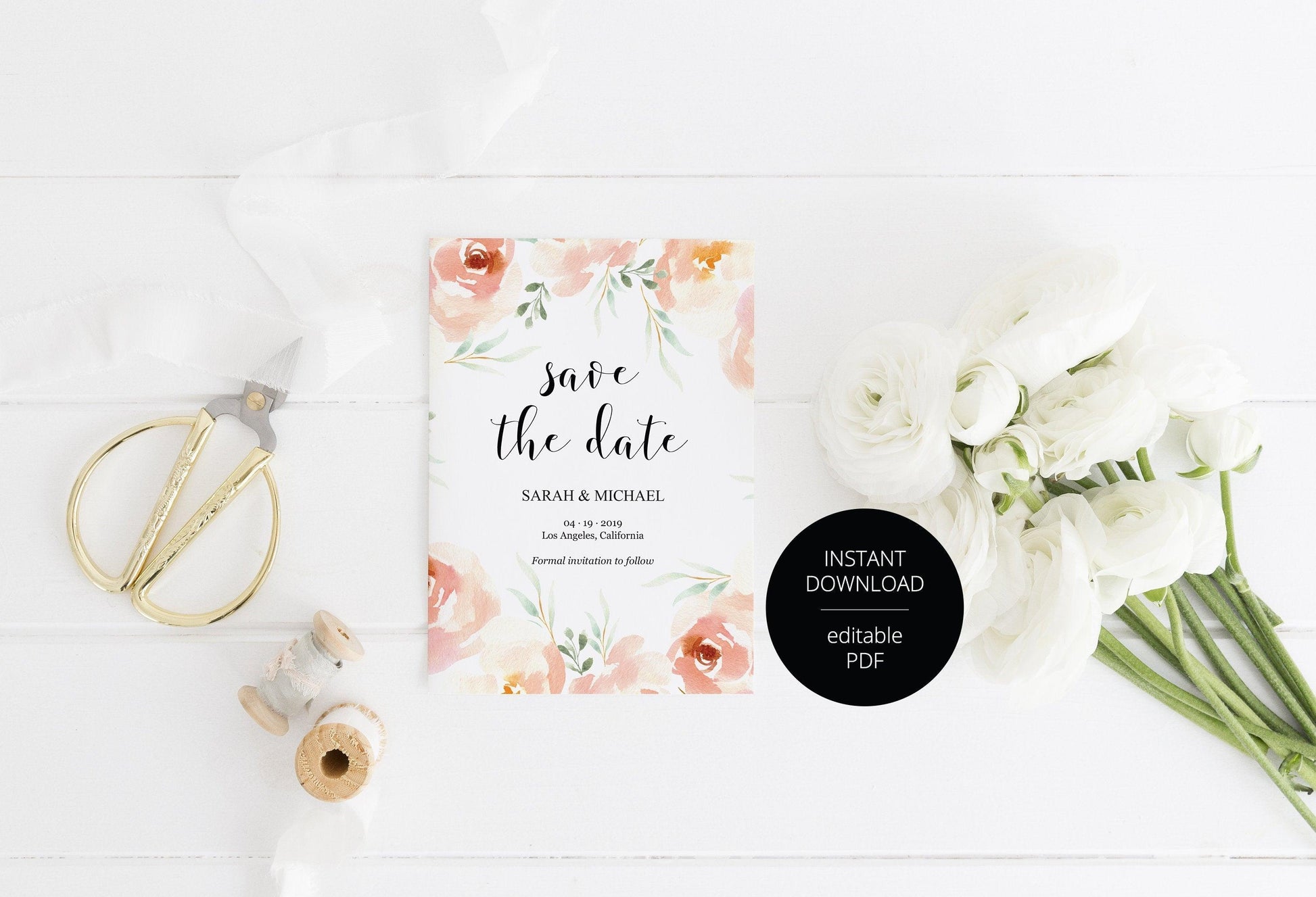 Printable Save-the-Date Template, Engagement Invite, PDF Instant Download, Blush Florals, Wedding Announcement - Sarah - SAVVY PAPER CO