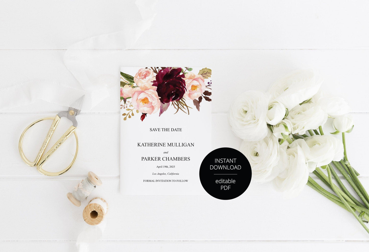 Printable Save-the-Date Template, Engagement Invite, PDF Instant Download, Burgundy and Blush Florals - Katherine - SAVVY PAPER CO