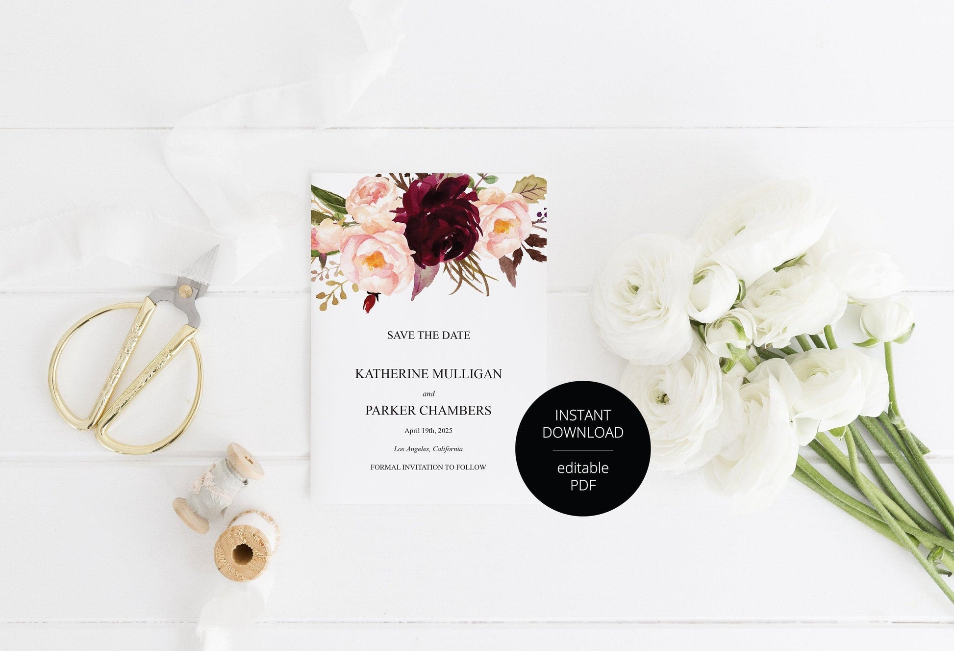 Printable Save-the-Date Template, Engagement Invite, PDF Instant Download, Burgundy and Blush Florals - Katherine - SAVVY PAPER CO