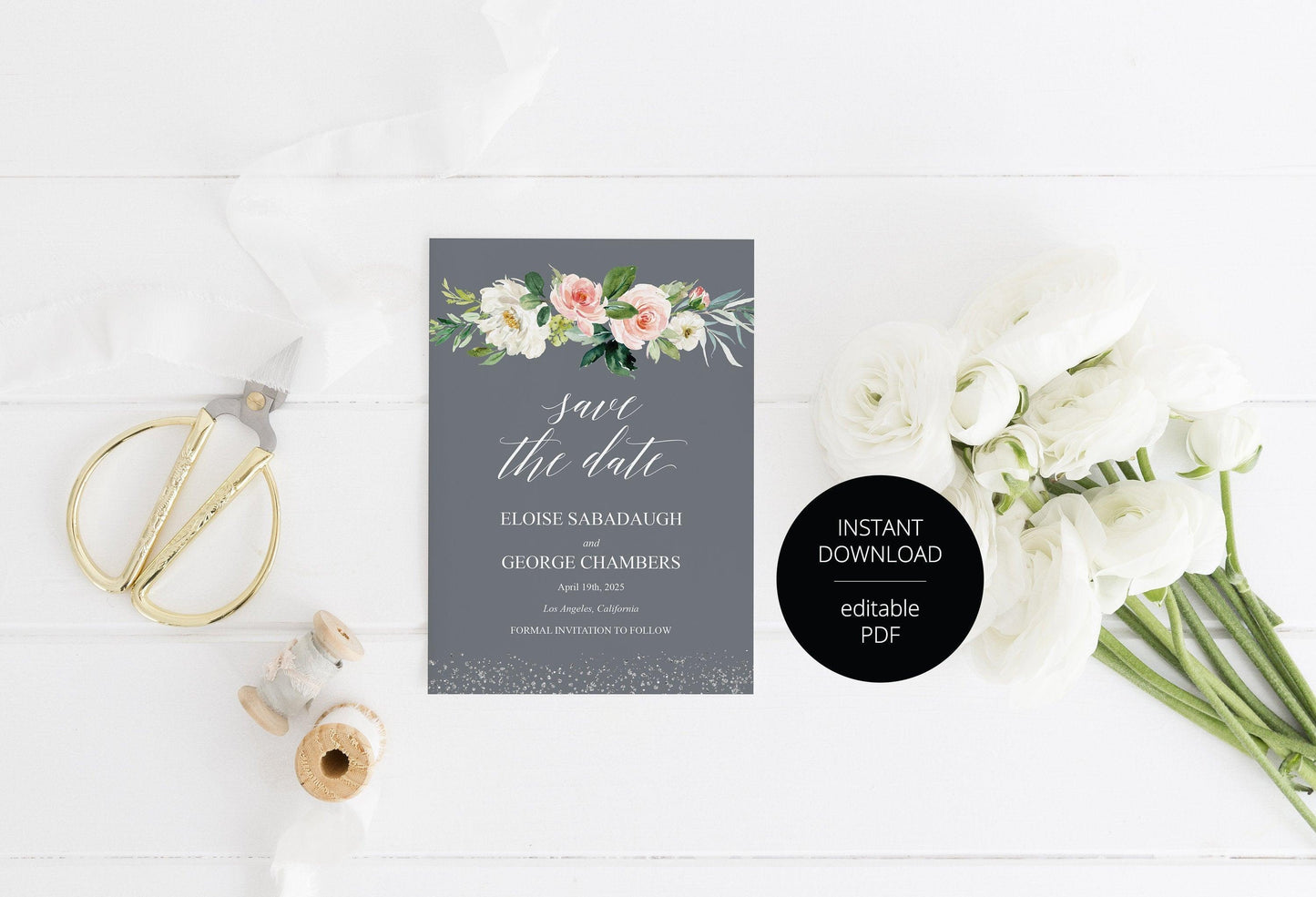 Printable Save-the-Date Template, Engagement Invite, PDF Instant Download, Greenery, Floral, Wedding Announcement - Eloise - SAVVY PAPER CO