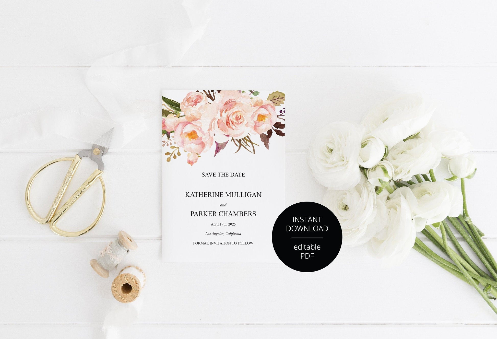 Printable Save-the-Date Template, Engagement Invite, PDF Instant Download, Greenery, Wedding Announcement, Blush, Floral - Katherine - SAVVY PAPER CO