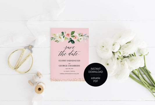 Printable Save-the-Date Template, Engagement Invite, PDF Instant Download, Greenery, Wedding Announcement, Blush, Gold - Eloise - SAVVY PAPER CO