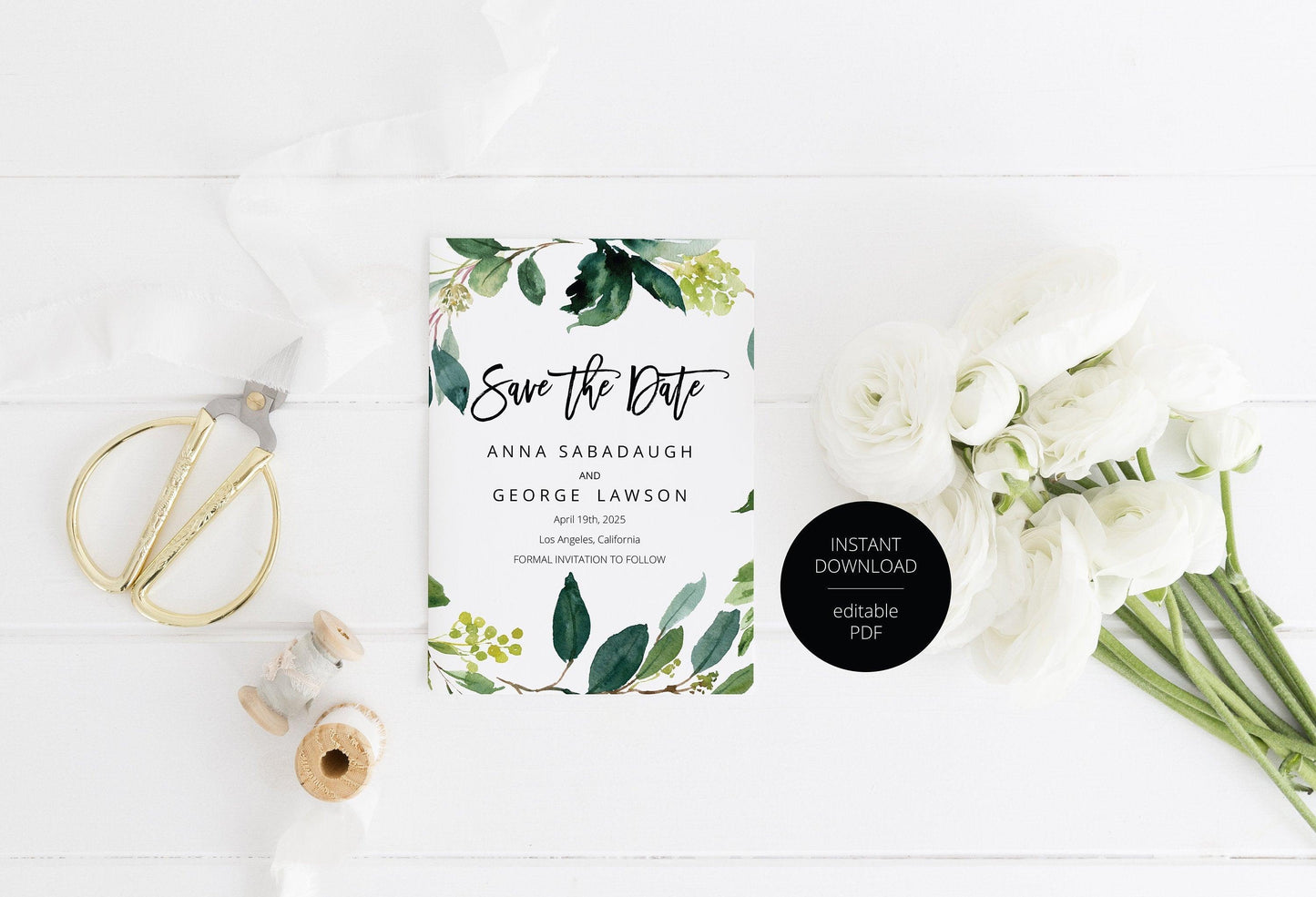 Printable Save-the-Date Template, Engagement Invite, PDF Instant Download, Greenery, Wedding Announcement, Calligraphy - Anna - SAVVY PAPER CO