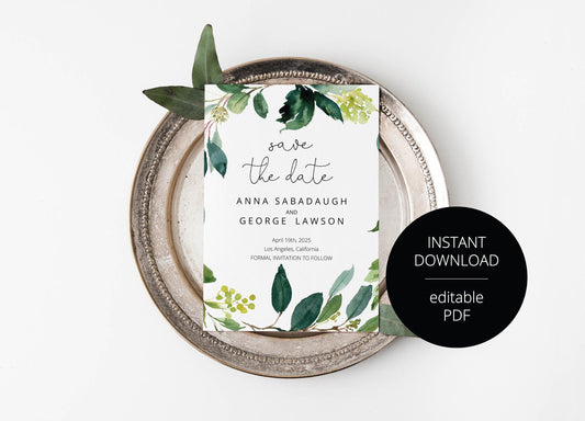 Printable Save-the-Date Template, Engagement Invite, PDF Instant Download, Greenery, Wedding Announcement, Calligraphy - Anna - SAVVY PAPER CO