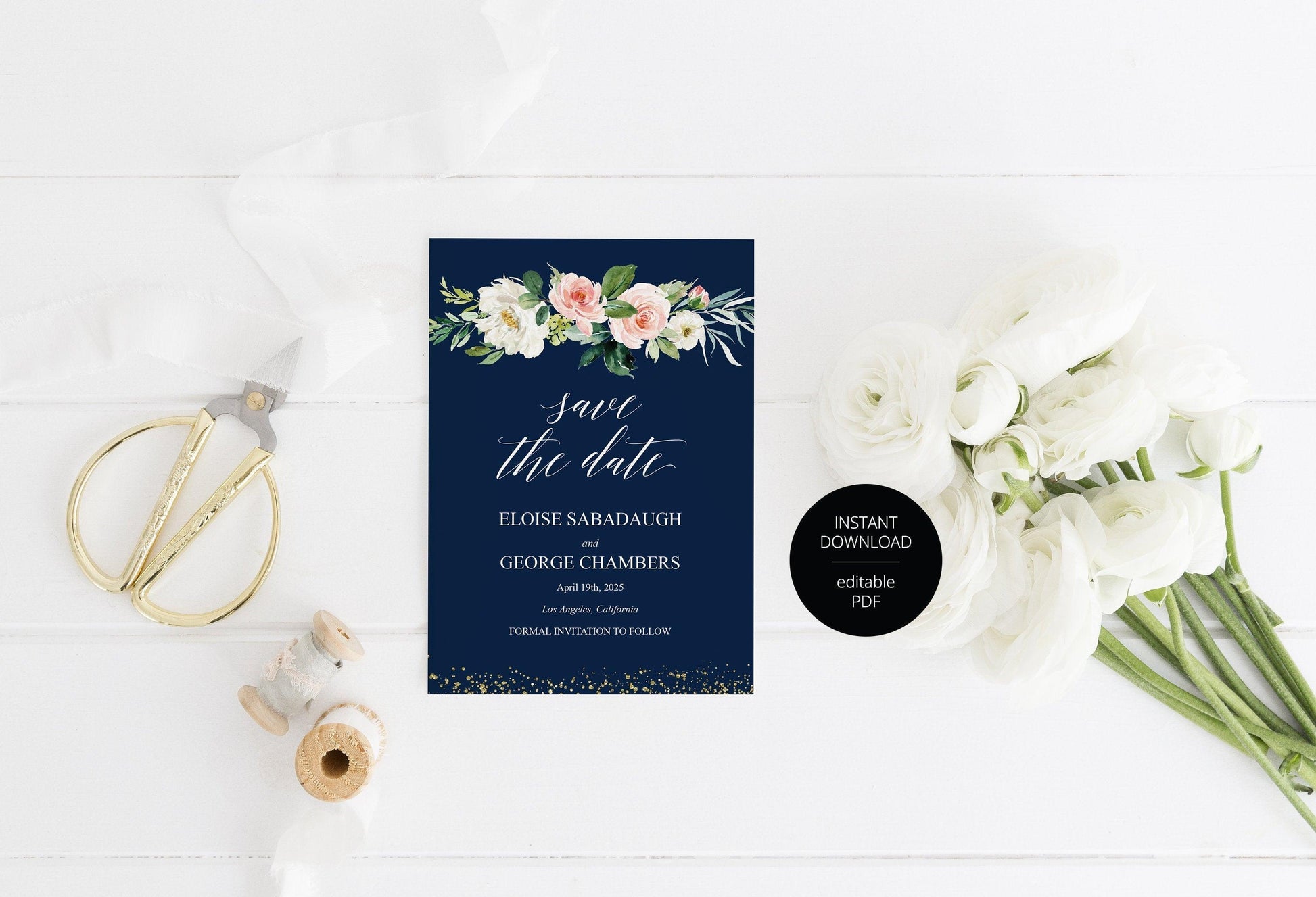 Printable Save-the-Date Template, Engagement Invite, PDF Instant Download, Greenery, Wedding Announcement, Gold, Navy - Eloise - SAVVY PAPER CO