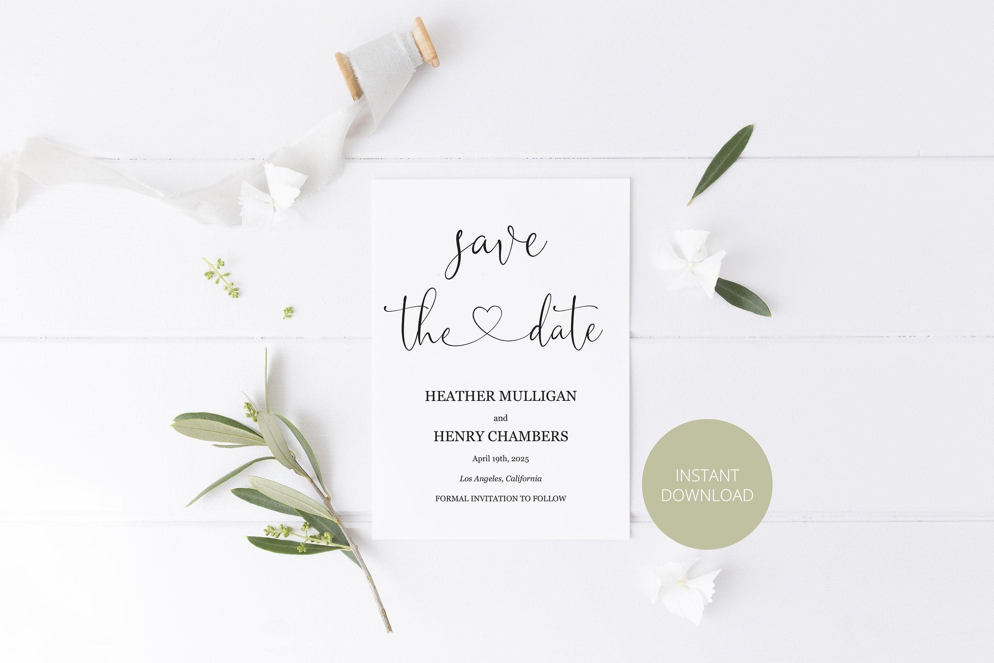 Printable Save-the-Date Template, Engagement Invite, PDF Instant Download, Greenery, Wedding Announcement, Heart, Calligraphy - Heather - SAVVY PAPER CO