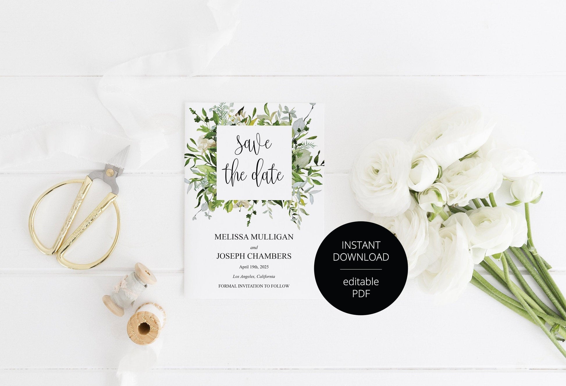 Printable Save-the-Date Template, Engagement Invite, PDF Instant Download, Greenery, Wedding Announcement - Melissa - SAVVY PAPER CO