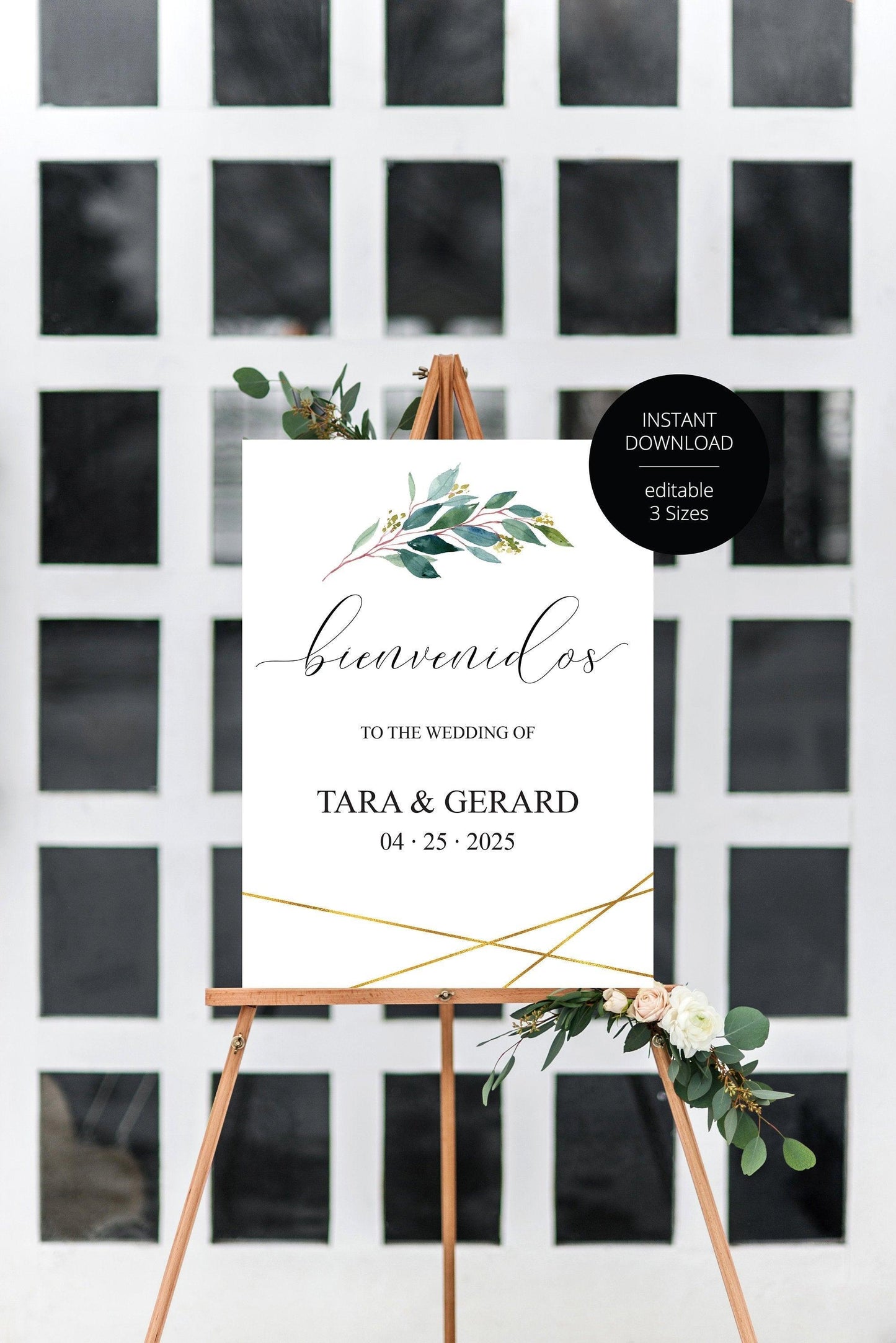 Printable Spanish Greenery Gold Wedding Welcome Sign Editable Template Instant Download -TARA - SAVVY PAPER CO