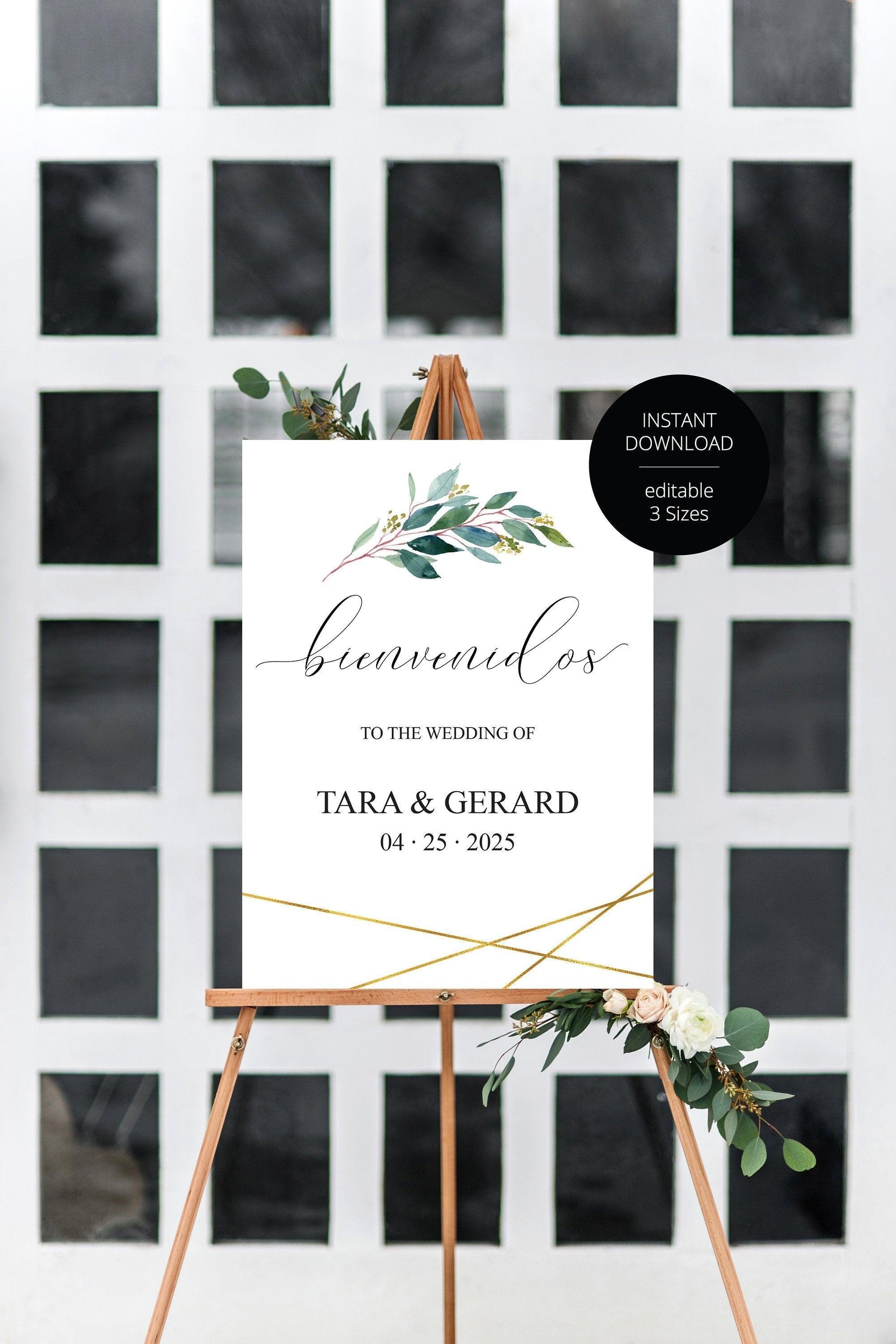 Printable Spanish Greenery Gold Wedding Welcome Sign Editable Template Instant Download -TARA - SAVVY PAPER CO