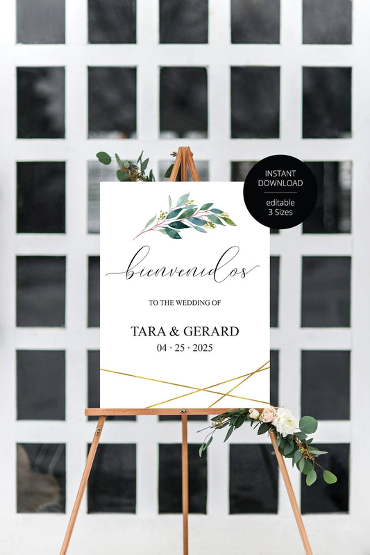 Printable Spanish Greenery Gold Wedding Welcome Sign Editable Template Instant Download -TARA - SAVVY PAPER CO