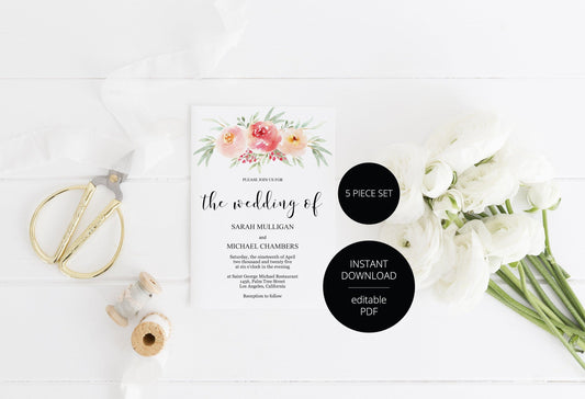 Printable Wedding Invitation Set Editable Template, DIY Instant Download Invites, Invitation Suite- Sarah - SAVVY PAPER CO