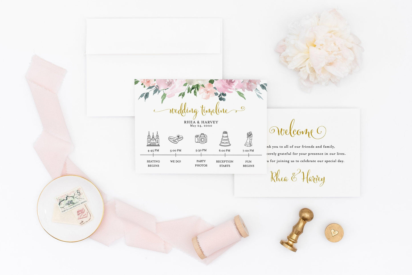 Printable Wedding Itinerary Template Card Timeline Welcome 100% editable Templett Floral Dusty Blue Blush - Rhea - SAVVY PAPER CO