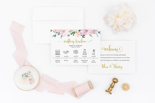Printable Wedding Itinerary Template Card Timeline Welcome 100% editable Templett Floral Dusty Blue Blush - Rhea - SAVVY PAPER CO