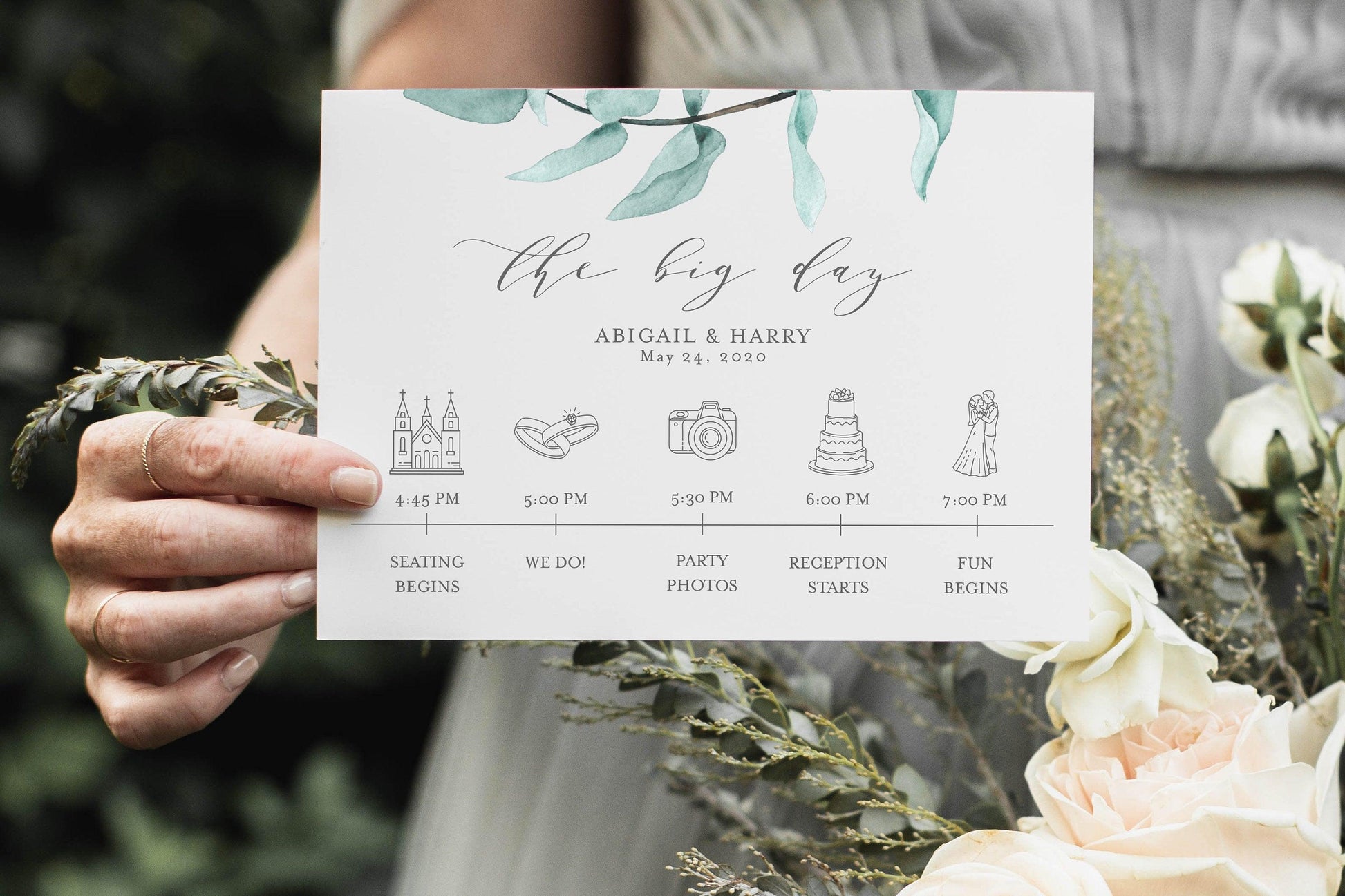 Printable Wedding Itinerary Template Card Timeline Welcome 100% editable Templett Greenery Dusty Blue - Abi - SAVVY PAPER CO