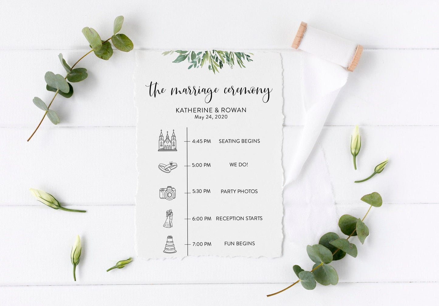 Printable Wedding Itinerary Template Card Timeline Welcome 100% editable Templett Greenery - Jasmine - SAVVY PAPER CO