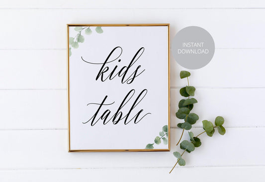 Printable Wedding Kids Table Sign, Wedding Reception Sign, Instant Download, Greenery Wedding, Rustic Wedding - SAVVY PAPER CO