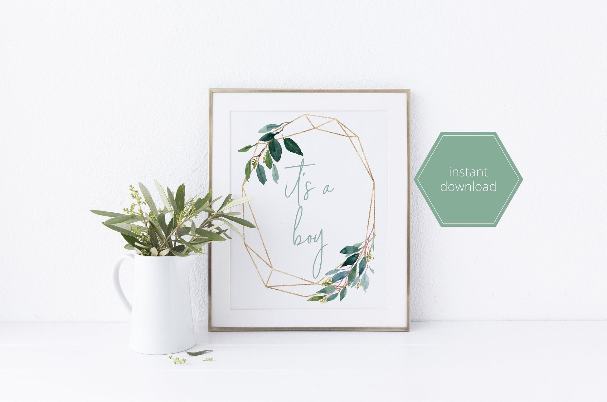 Printable it's a boy sign, Instant Download, Boy Baby Shower, Gender Reveal Party, Greenery, Gold, Baby Shower Decor - EV23 - SAVVY PAPER CO
