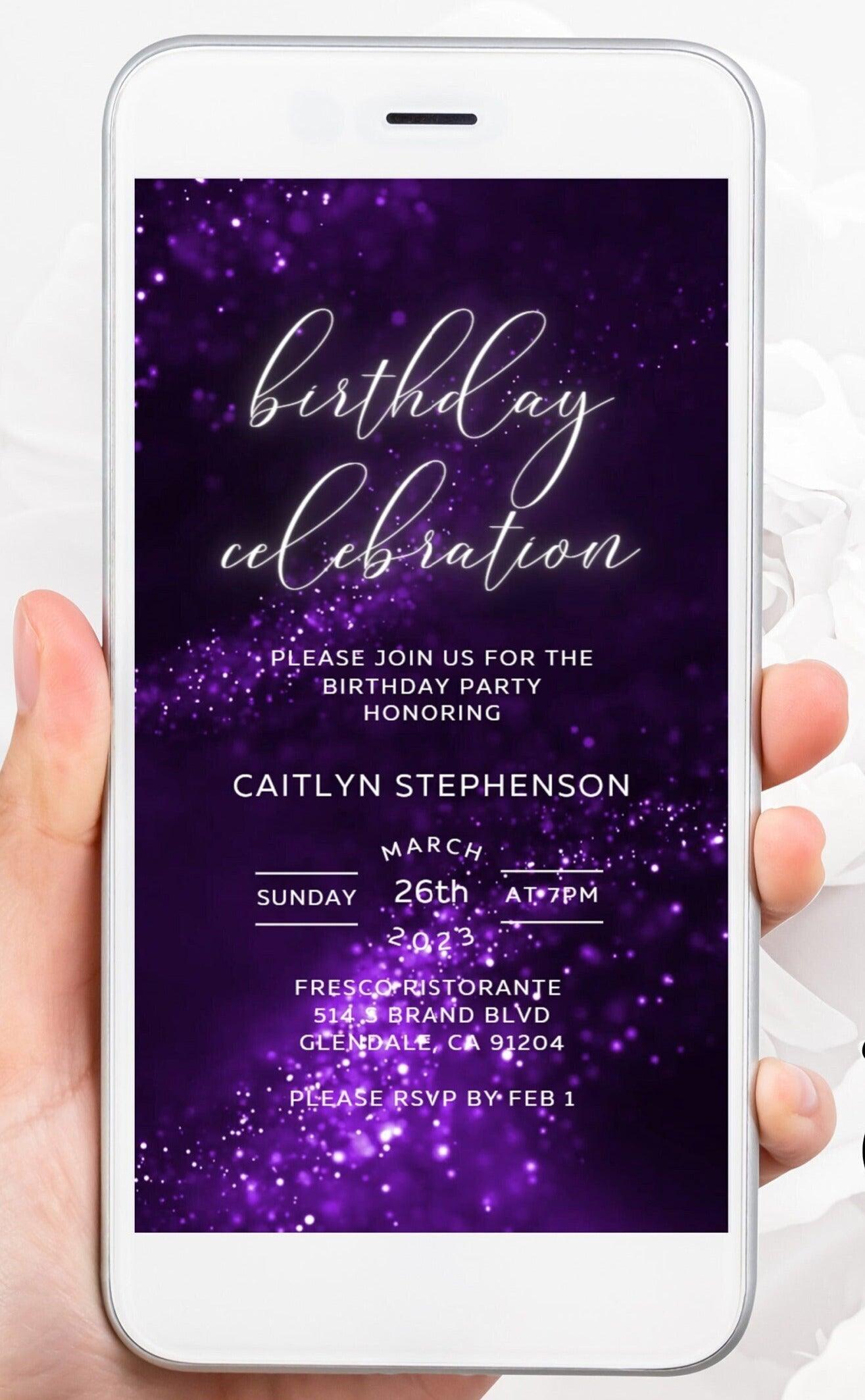 Purple Digital Birthday Dinner Invitation template for women electronic invitations any age edit in Canva evite send online instant download - SAVVY PAPER CO
