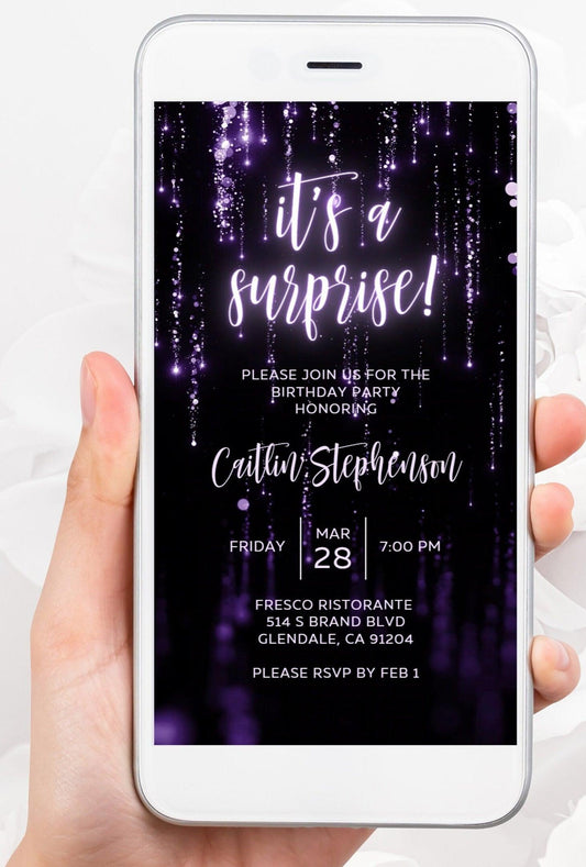 Purple Glitter Birthday Invitation, Any Age Editable Invite Template, Electronic Birthday Invite, Dripping Digital Evite Instant Download - SAVVY PAPER CO