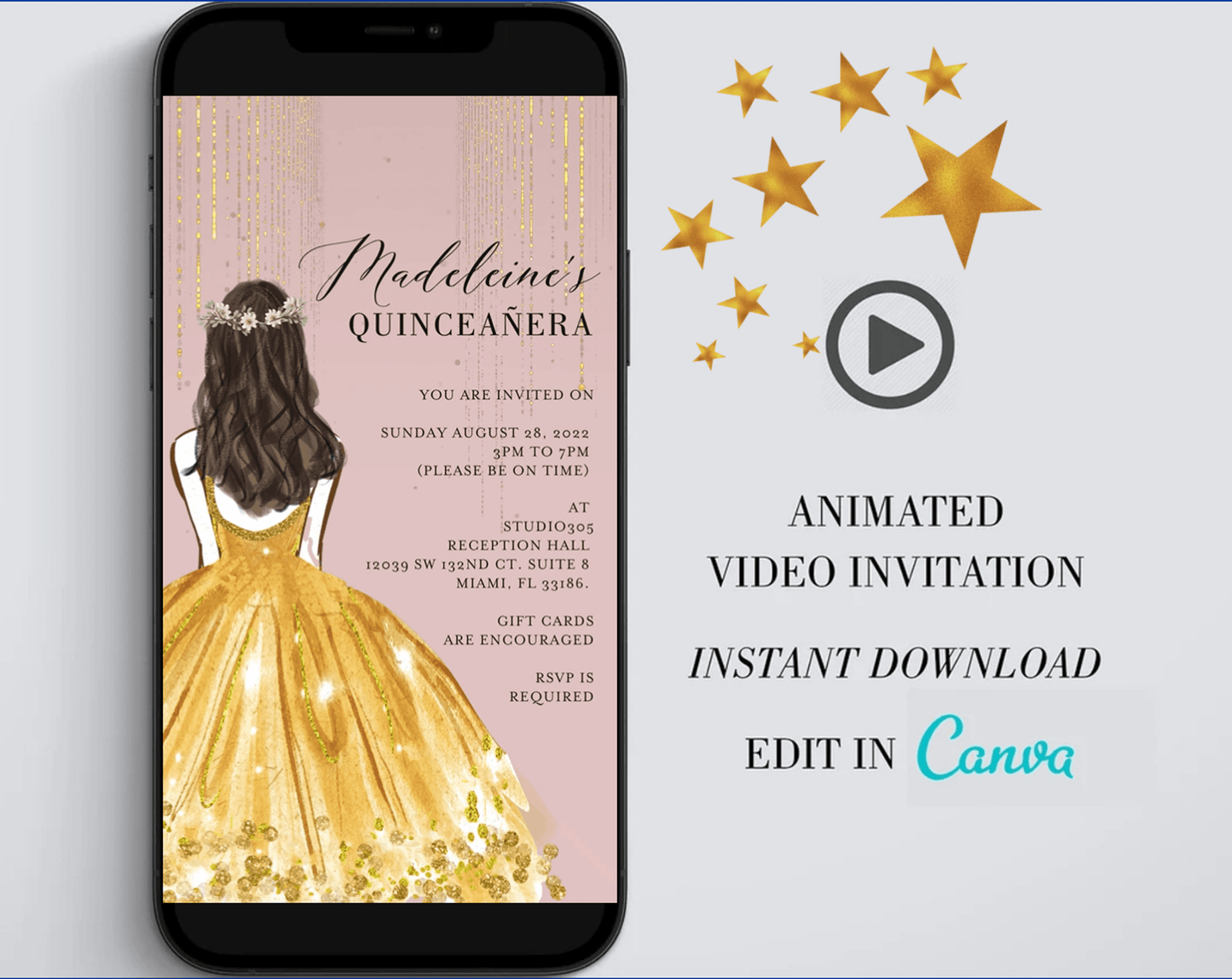 Quinceañera video invitation, Mis Quince invite, Quinceañera EDITABLE TEMPLATE, Dress Quinceanera Mobile Video invitation, Sweet 16 Invite - SAVVY PAPER CO