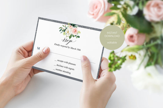 RSVP Card Template, Wedding RSVP, Response Card, RSVP Gold, Wedding Printable rsvp, Wedding Response Floral, Grey, Silver - Eloise - SAVVY PAPER CO