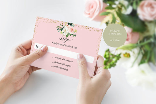 RSVP Card Template, Wedding RSVP, Response Card, RSVP cards, Gold Wedding, Printable rsvp, Wedding Response, Floral, Gold, Blush - Eloise - SAVVY PAPER CO
