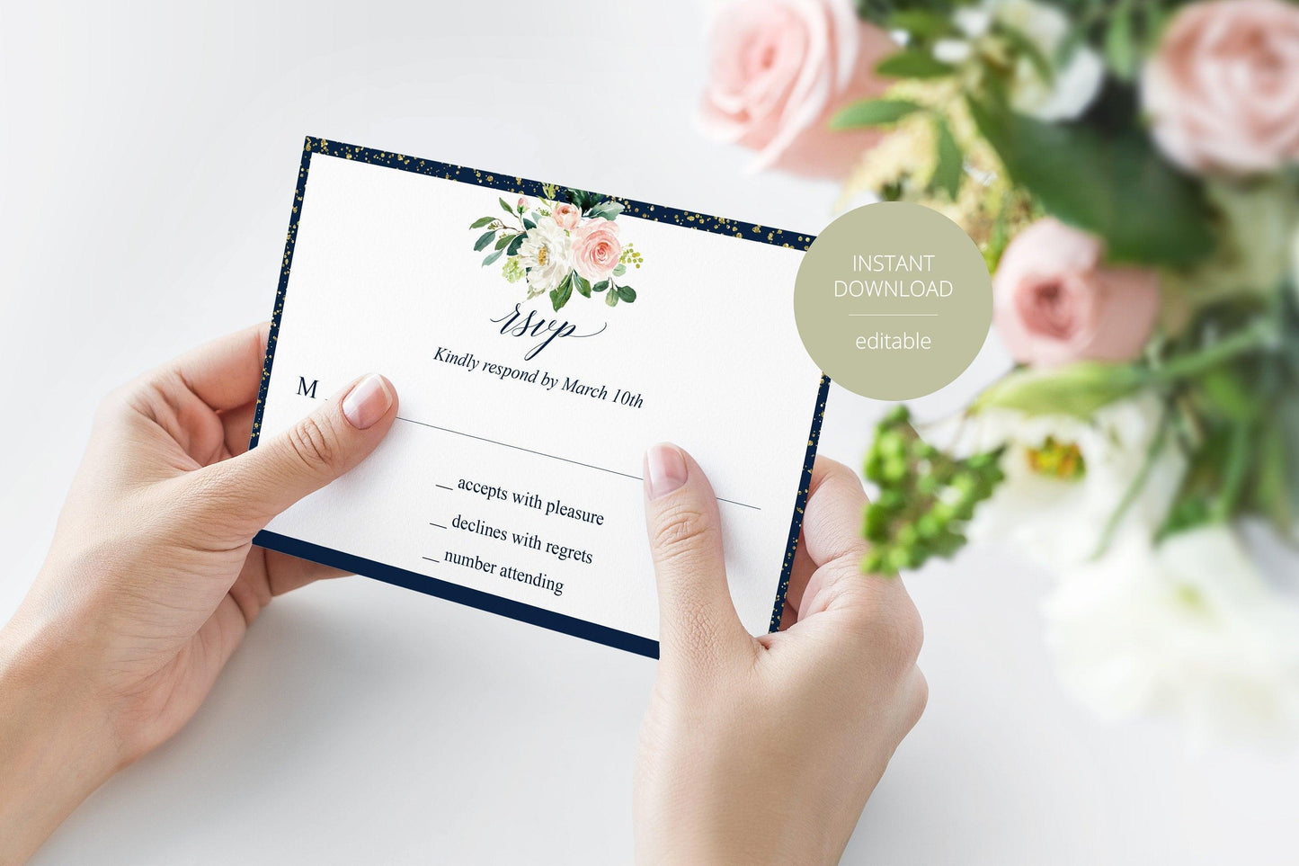 RSVP Card Template, Wedding RSVP, Response Card, RSVP cards, Gold Wedding, Printable rsvp, Wedding Response, Greenery, Navy blue - Eloise - SAVVY PAPER CO