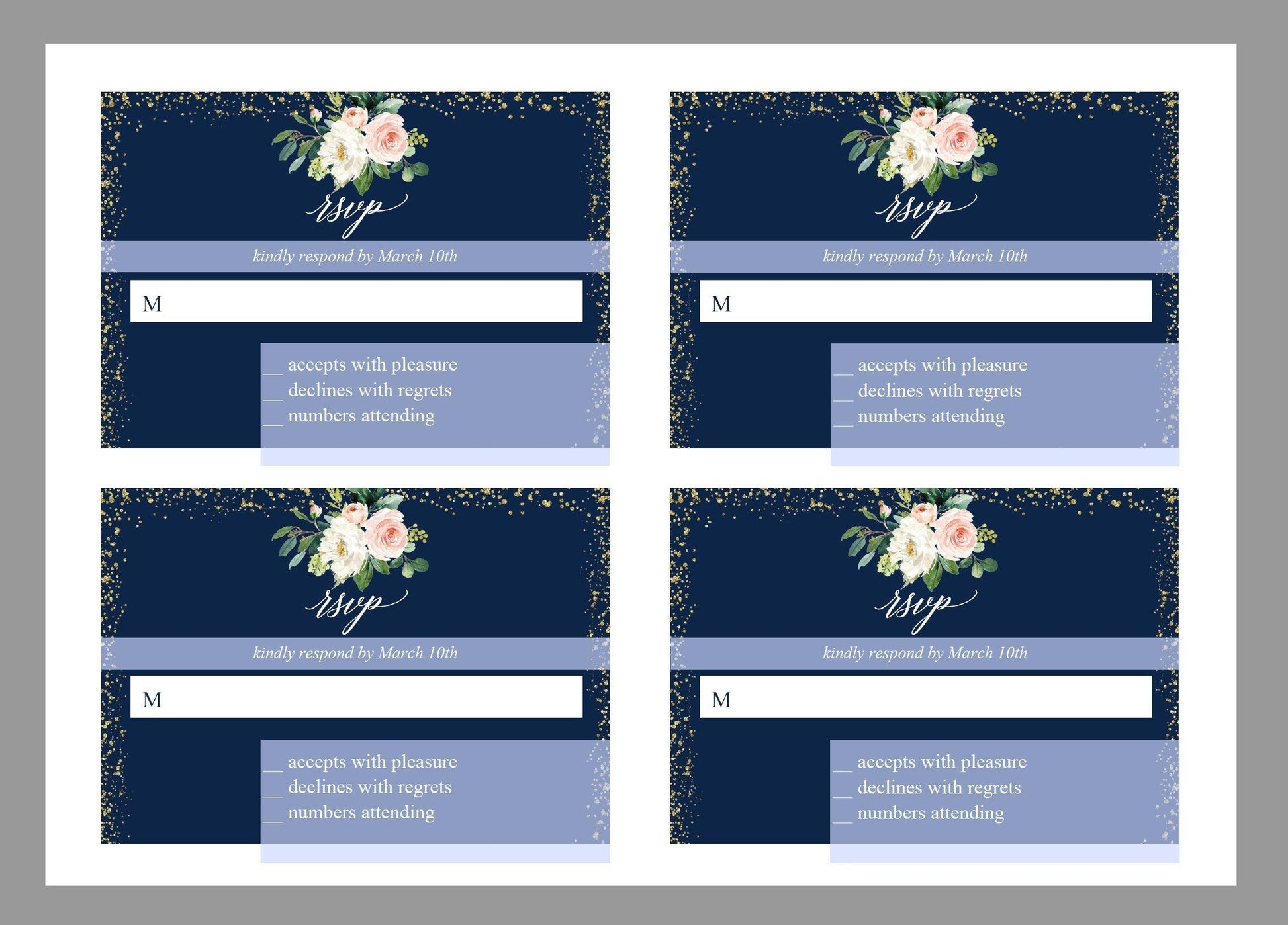 RSVP Card Template, Wedding RSVP, Response Card, RSVP cards, Gold Wedding, Printable rsvp, Wedding Response, Greenery, Navy blue - Eloise - SAVVY PAPER CO