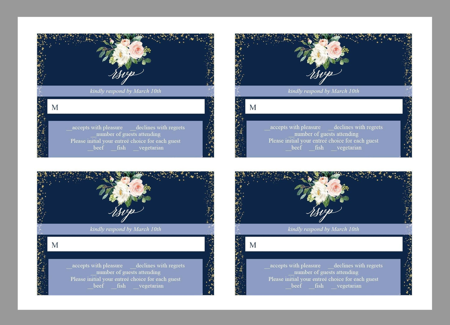RSVP Card Template, Wedding RSVP, Response Card, RSVP cards, Gold Wedding, Printable rsvp, Wedding Response, Greenery, Navy blue - Eloise - SAVVY PAPER CO
