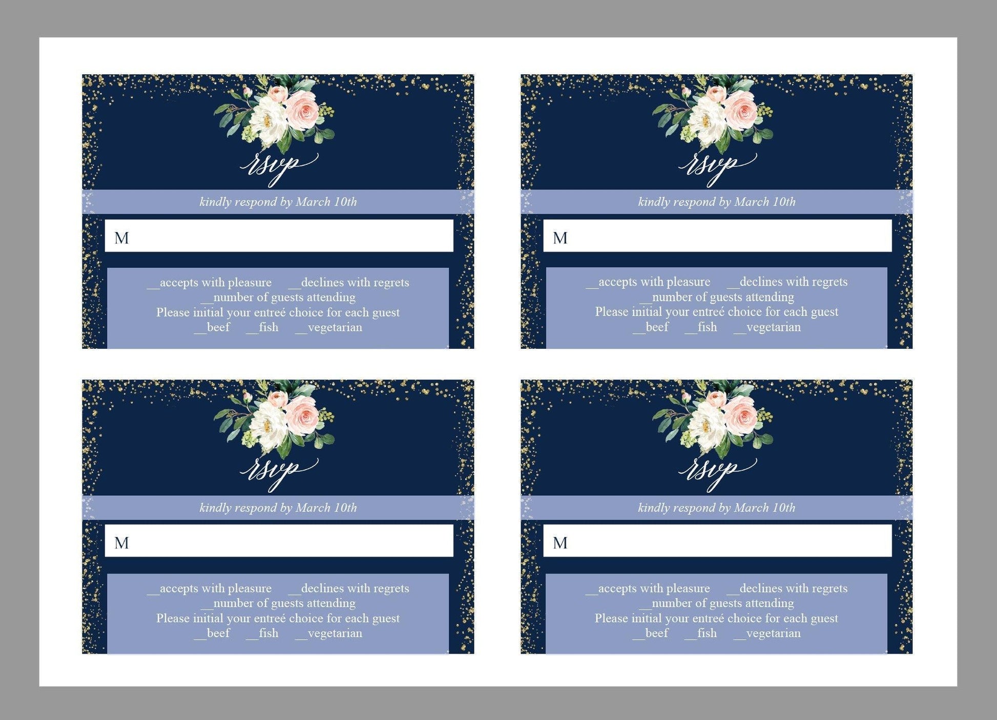 RSVP Card Template, Wedding RSVP, Response Card, RSVP cards, Gold Wedding, Printable rsvp, Wedding Response, Greenery, Navy blue - Eloise - SAVVY PAPER CO